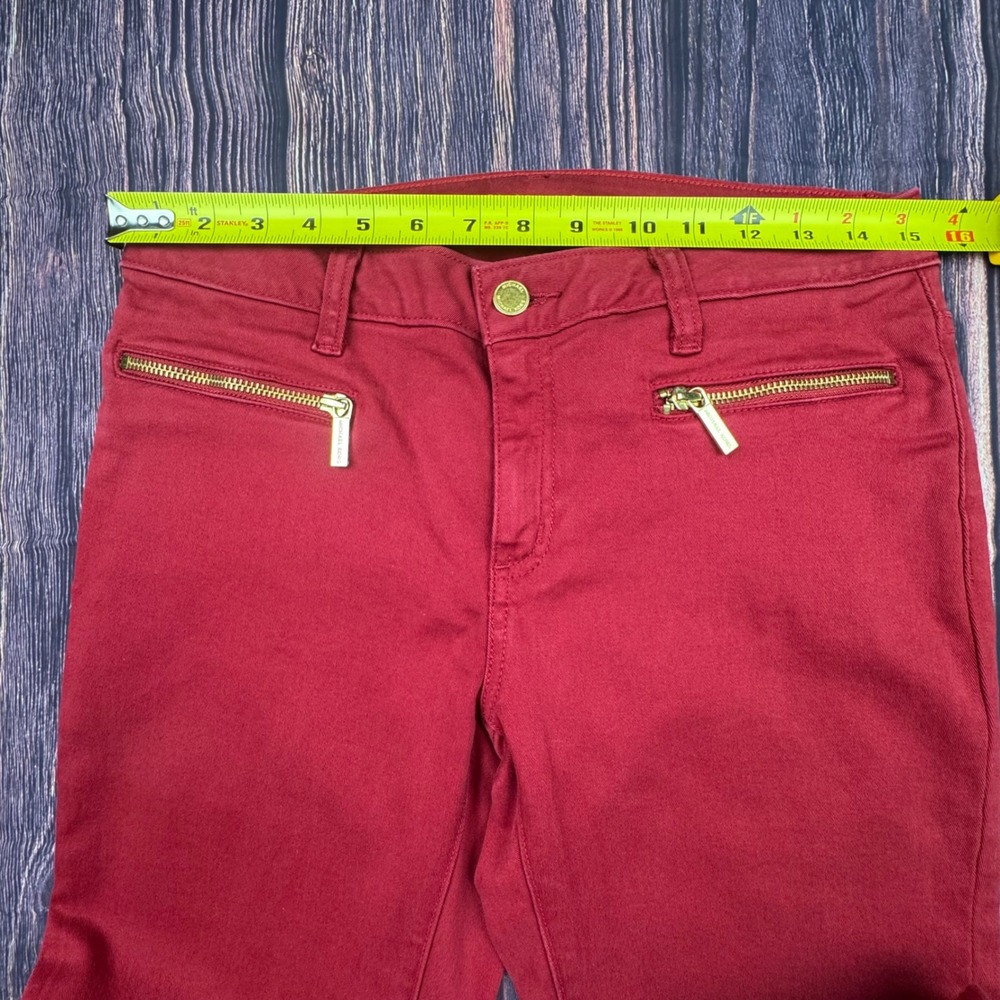Michael Kors Izzy Skinny 8 Red Cotton Blend‎ Modern Gold Zip Ankle Pants Jeans - Picture 4 of 9